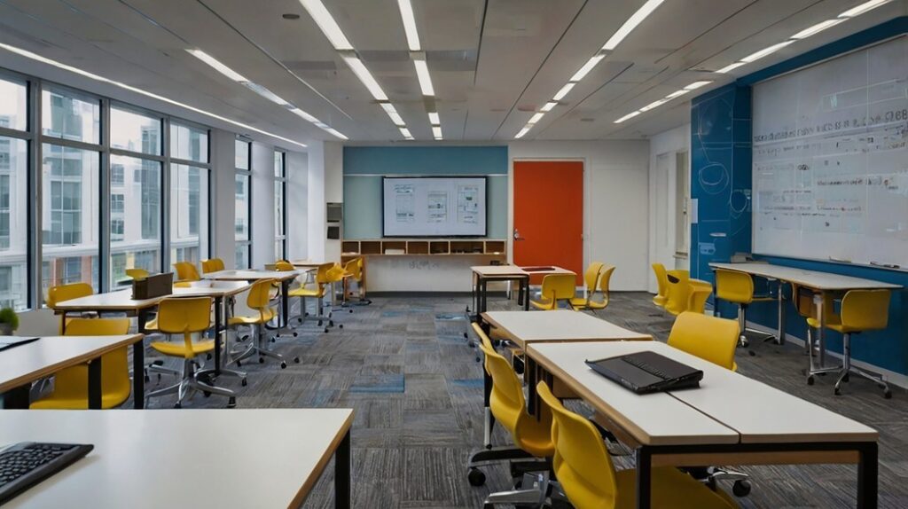 Sala de aula moderna de educação cristã intercultural, com cadeiras amarelas, lousa digital e ampla iluminação natural.