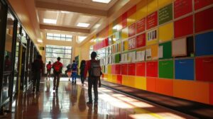 Corredor colorido de franquia de escola particular com alunos caminhando entre armários e murais decorativos, ilustrando artigo sobre quanto custa uma franquia de escola