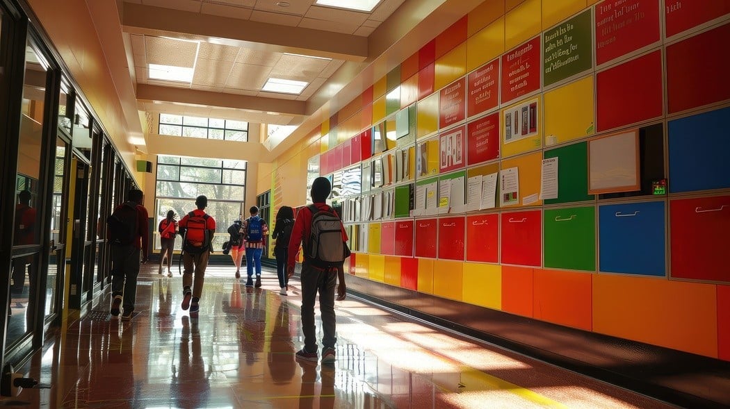 Corredor colorido de franquia de escola particular com alunos caminhando entre armários e murais decorativos, ilustrando artigo sobre quanto custa uma franquia de escola