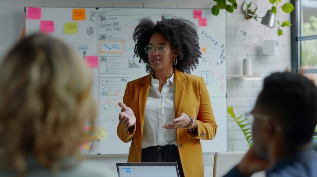 Mulher de blazer amarelo e óculos explicando conteúdo diante de quadro com anotações e post-its para equipe em sala, ilustrando conteúdo sobre modelo pedagógico de escola cristã